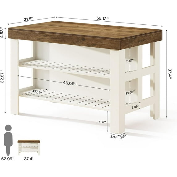 Kitchen Island with Seating and Storage Shelves, 55.1-Inch Breakfast Counter Farmhouse Island Table for Kitchen Dining Room