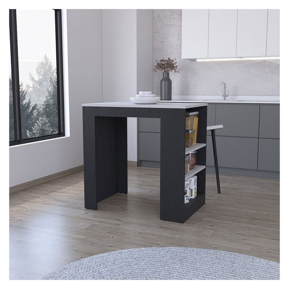Kitchen Island with Shelves, 36 Inch Doyle Island, Black & Ibiza Marble Top, Dining Prep Table