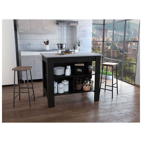 Kitchen Island with Shelves - Black & Marble Top - 4 Leg Design - Three Tier Storage - Home Kitchen Cart for Prep & Dining