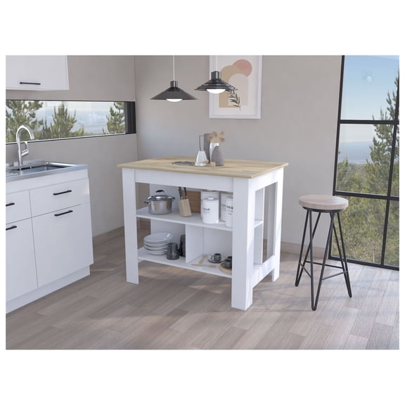 Kitchen Island with Shelves - Brooklyn Antibacterial Surface - 3 Storage, Rolling Cart, Wood Top, Home Kitchen Organization