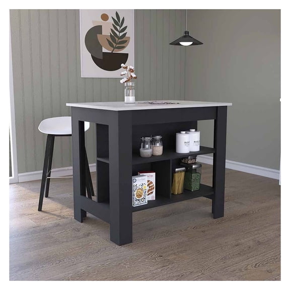 Kitchen Island with Shelves, Dozza - Black & Ibiza Marble, 40.5" Wide - Rolling Storage Cart with Legroom & 3 Shelves for Kitchens