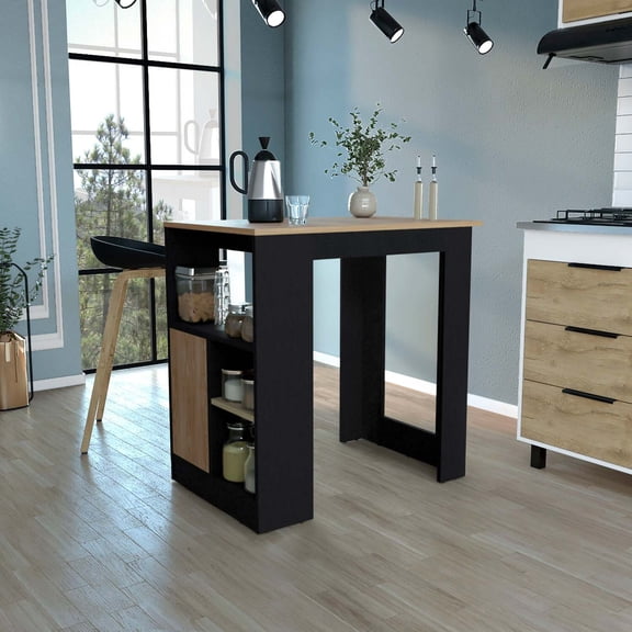 Kitchen Island Side Shelves and Push to Open Cabinet Black Wengue Natural Oak