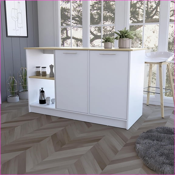 Kitchen Island with Spacious 59"" Countertop, Double Cabinets & 2 Open Shelves | Modern | Large (56 in)