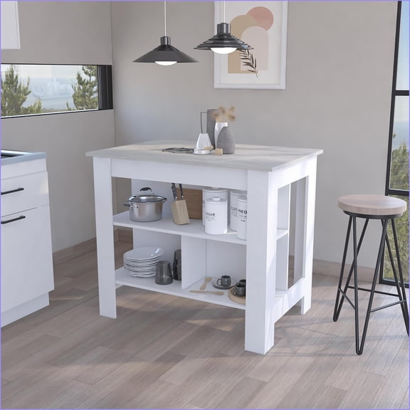 Kitchen Island with Spacious Top & 3 Shelves, 40.5"W x 27.5"D White/Ibiza Marble | Particle Board | Multicolor