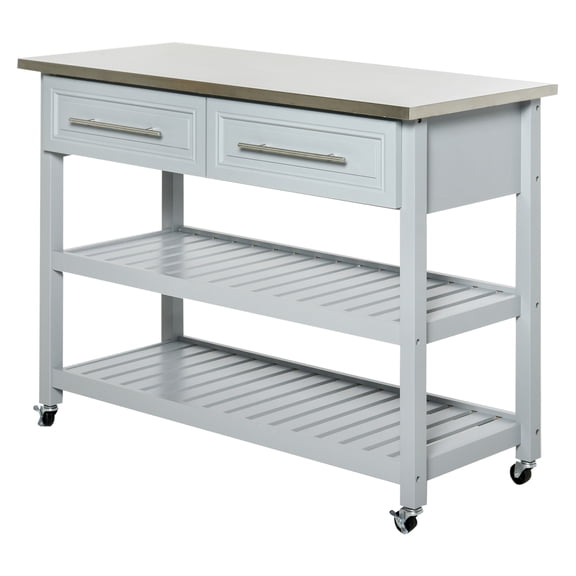 Kitchen Island with Stainless Steel Top, Gray Butcher Block Cart with Drawers & Shelves, Rolling Kitchen Cart for Home, 47.25" Wide