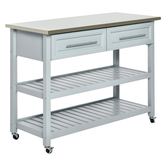 Kitchen Island with Stainless Steel Top, Rolling Kitchen Cart with Storage, Butcher Block Island for Small Kitchens, 2 Drawers, Light Gray