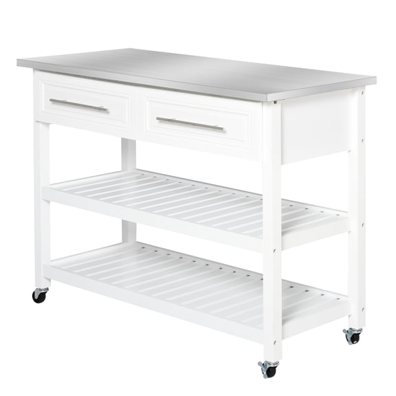 Kitchen Island with Stainless Steel Top, White Butcher Block Cart with Storage, 2-Tier Shelves & Drawers