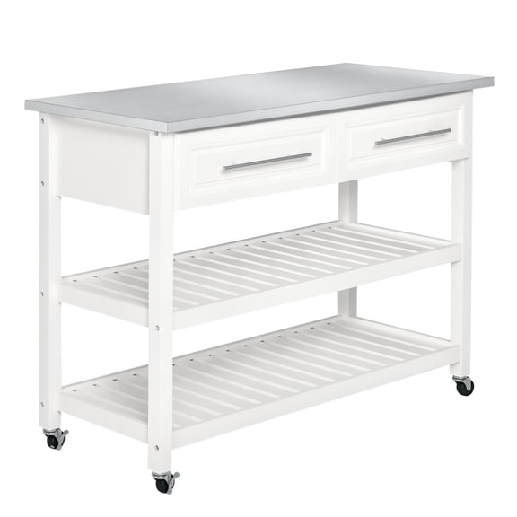 Kitchen Island with Stainless Steel Top, White Rolling Cart with Storage, Butcher Block Cart with Drawers & Shelves, Home Kitchen Organizer