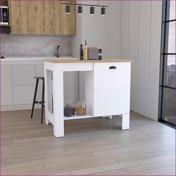 Kitchen Island with Storage, 35"H Off-White/Tan Brown | 40.5"W x 27.5"D | Particle Board | Particle Board