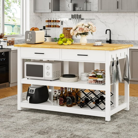 ChicZhiNest Kitchen Island with Storage, 47.3" Solid Rubberwood Top Kitchen Island with Power Outlet and 6 Hooks, White