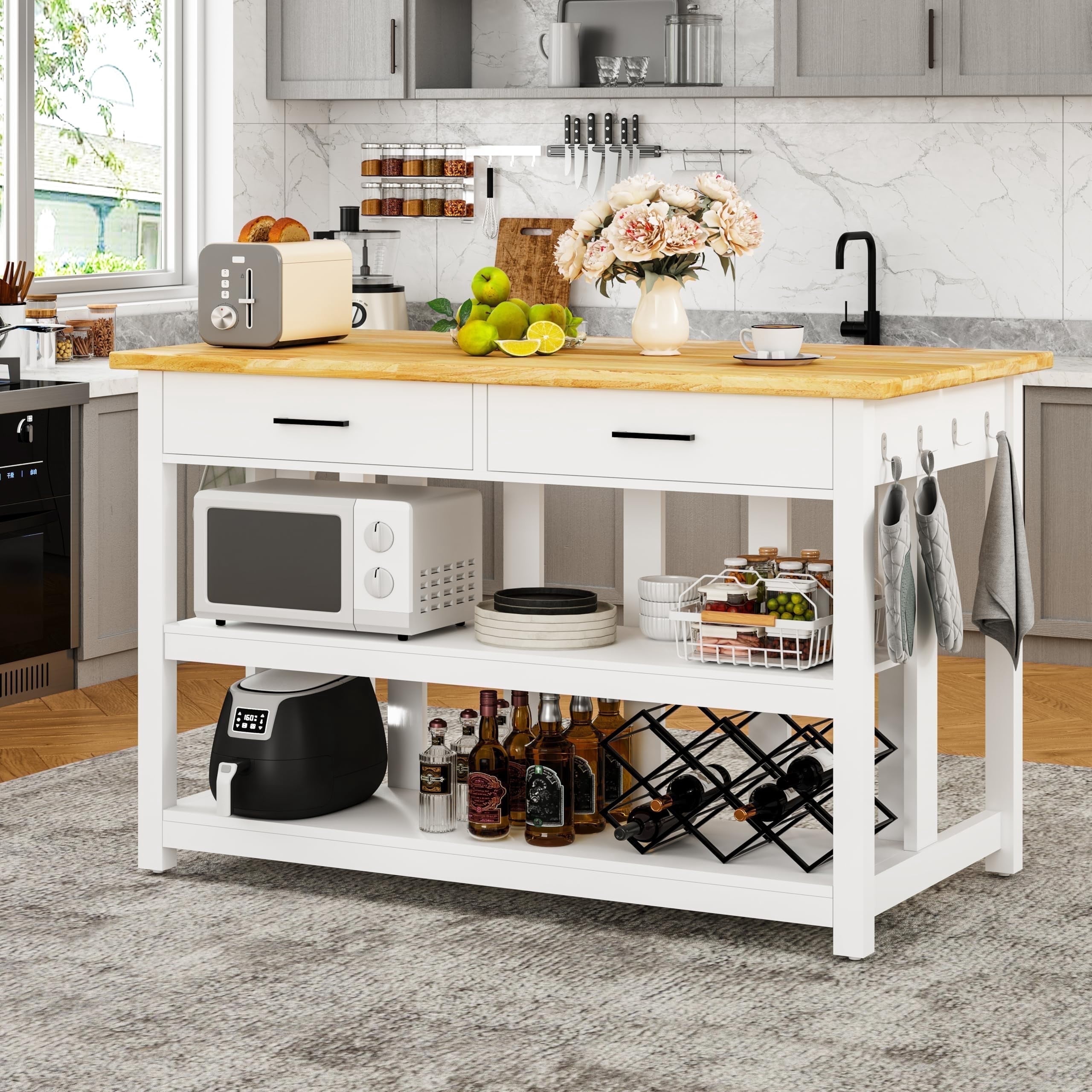 ChicZhiNest Kitchen Island with Storage, 47.3" Solid Rubberwood Top Kitchen Island with Power Outlet and 6 Hooks, White
