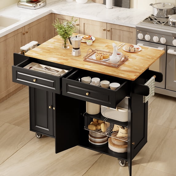 Noelse 52" Kitchen Island with Drop Leaf, Solid Rubber Wood Top, Kitchen Island Cart with Drawers, Cabinets, Spice Rack & Wheels, Portable Rolling Island Table for Kitchen Storage, B
