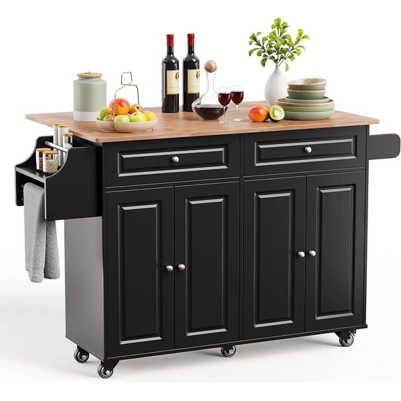 Noelse 52" Kitchen Island with Drop Leaf, Solid Rubber Wood Top, Kitchen Island Cart with Drawers, Cabinets, Spice Rack & Wheels, Portable Rolling Island Table for Kitchen Storage, B