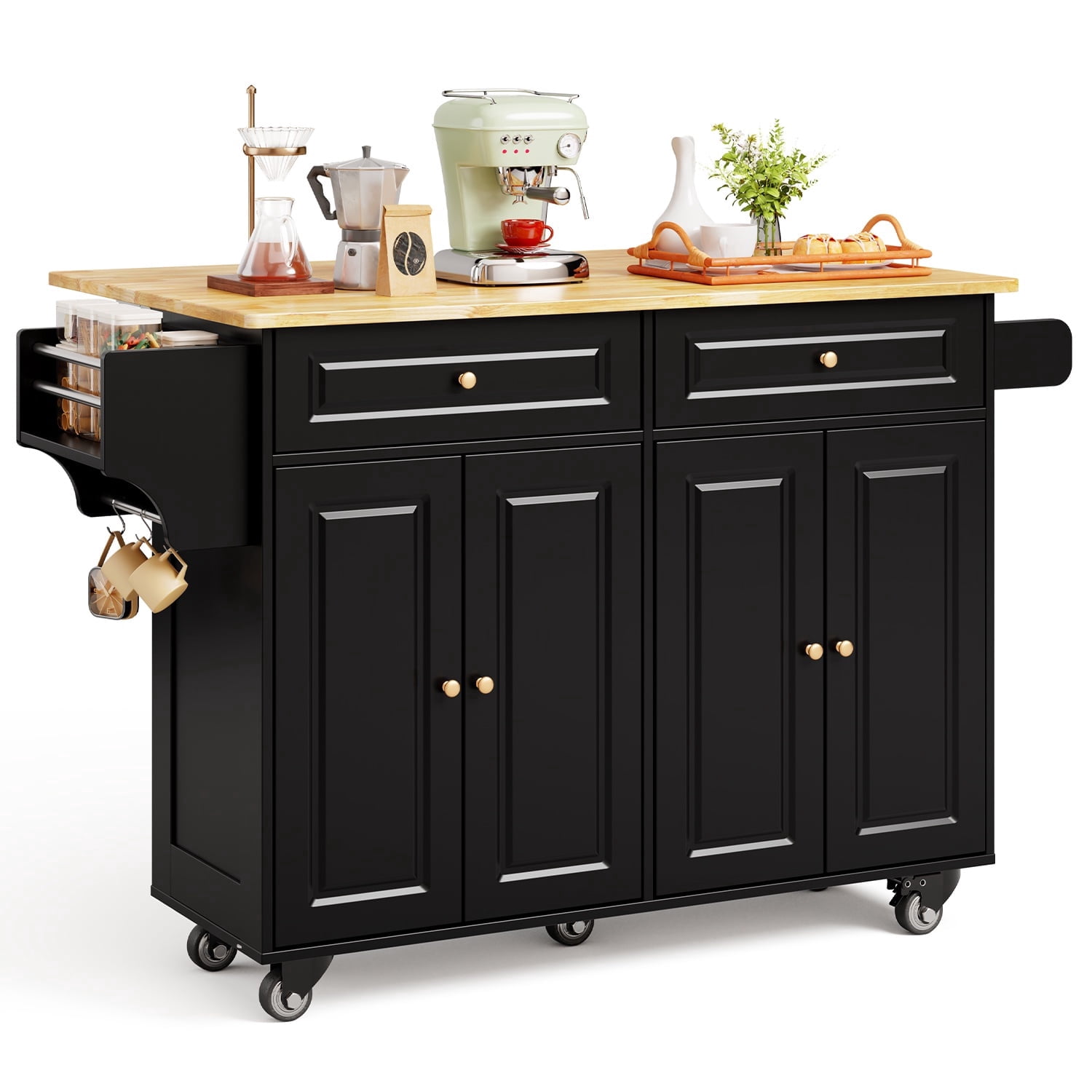 Noelse Rolling Kitchen Island Table with Storage, Drop Leaf Countertop, Kitchen Island with Rubber Wood Top, Cabinets & Rack, Black