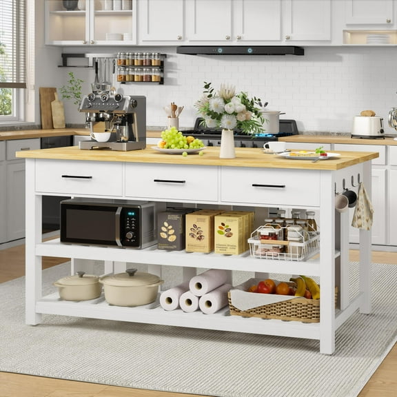 ChicZhiNest Kitchen Island with Storage, 60" Solid Rubberwood Top Kitchen Island with Power Outlet and 6 Hooks, White
