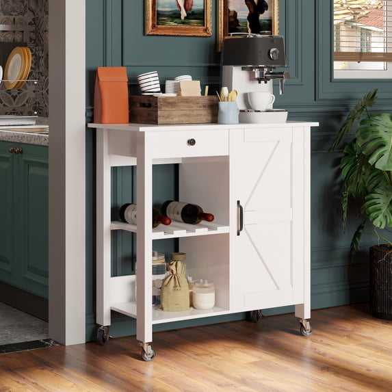 Kitchen Island with Storage Cabinet Small Rolling Cart Table on Wheels, White