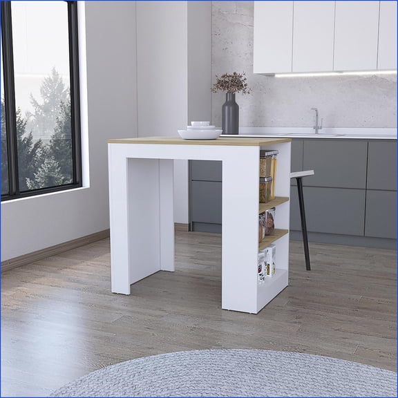 Kitchen Island with Storage, Off-White Base & Ibiza Marble Top, Engineered Wood | Off-White | Engineered Wood