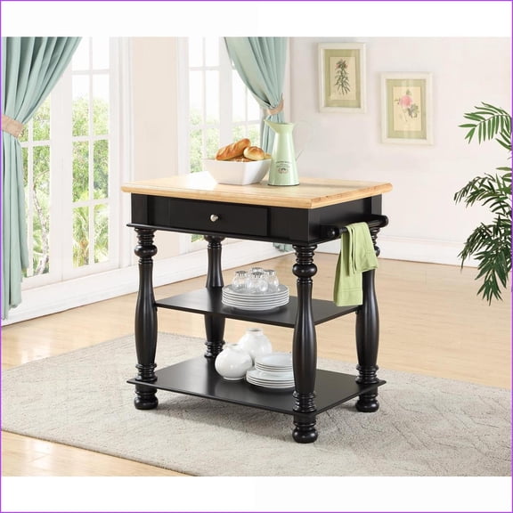 Kitchen Island with Storage, Cutting Board, Shelves & Towel Bar | Black | Solid Wood+MDF