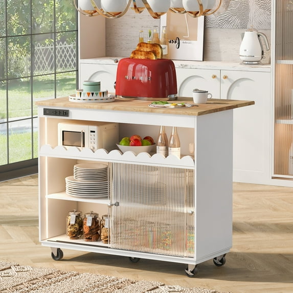 Kitchen Island with Storage, Kitchen Cart on Wheels with Drop Leaf, LED Light & Tempered Glass Door, Rolling Island Table for Kitchen