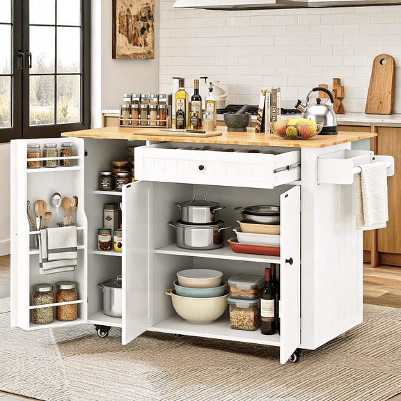 Kitchen Island with Storage, Lofka 41.7” Kitchen Island Cart with Drop Leaf | Interal Storage Rack | a Drawer | Spicy Rack and Towe, White