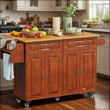 Kitchen Island  with Storage, Lofka 52" Kitchen Islands  Cart with Wood Drop Leaf and Lockable Wheels, Brown