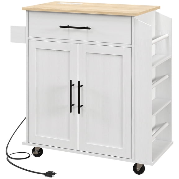 White Kitchen Island Rolling Cart - Storage with AC Outlets & Spice Rack - Modern Kitchen Cart for Small Spaces