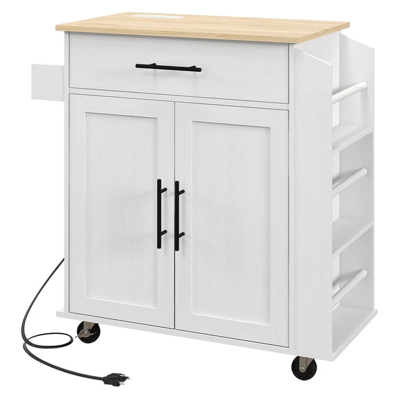 Kitchen Island with Storage, Rolling Kitchen Cart with Outlets and USB Ports, Microwave Stand with Towel and Spice Rack, White