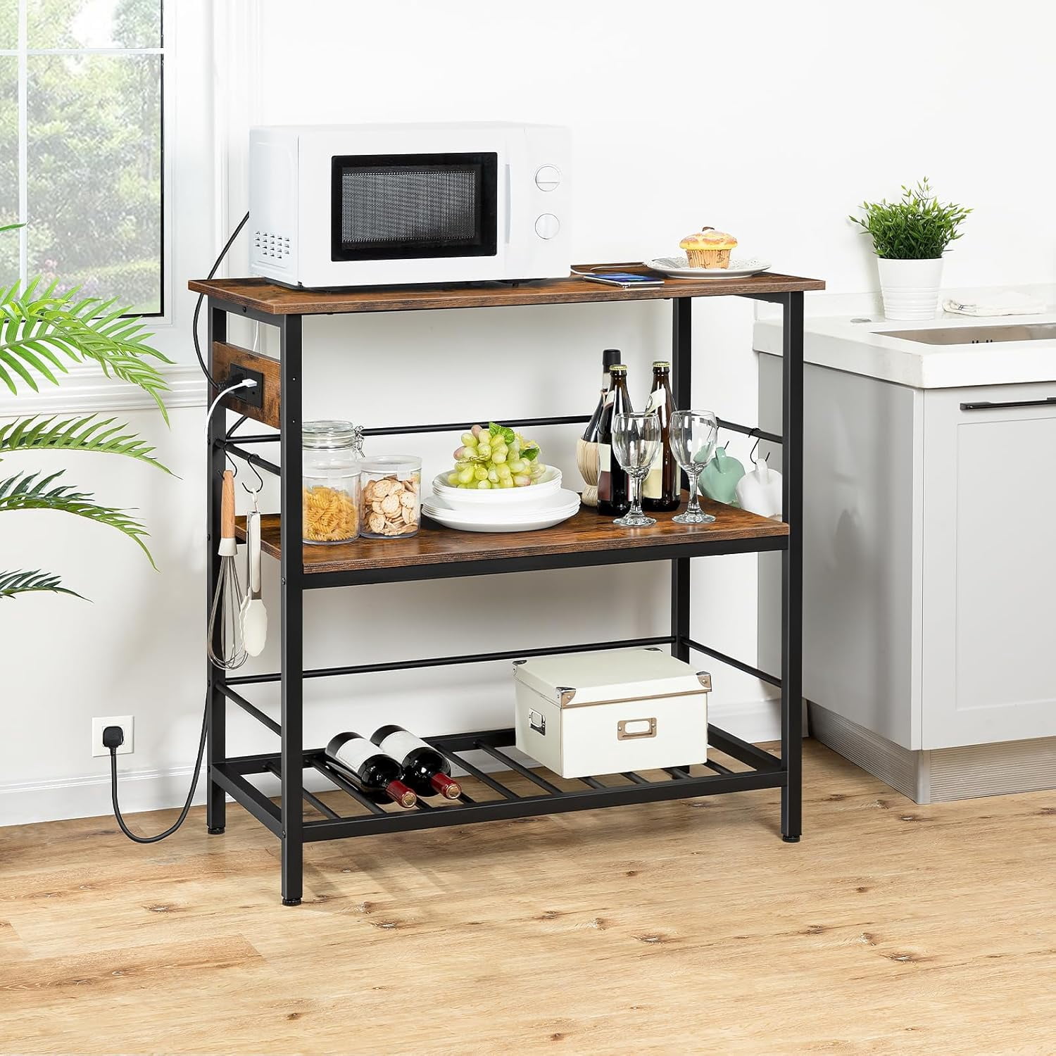 Kitchen Island with Storage, Rustic Brown and Black, 3-Tier Coffee ...