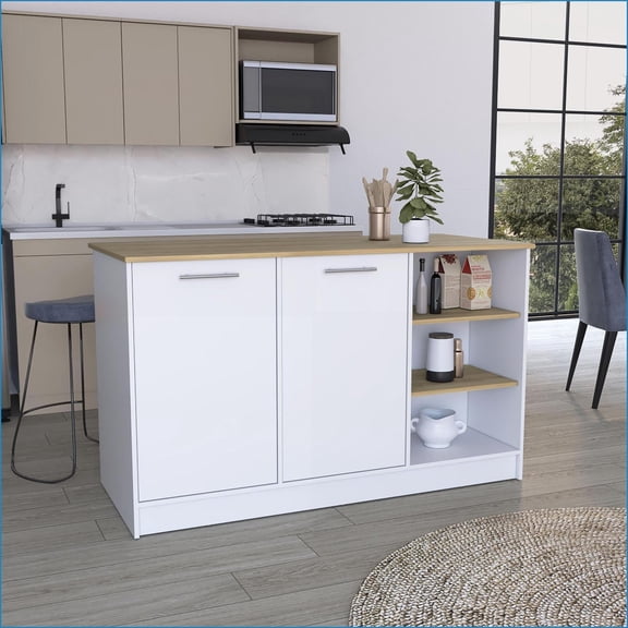 Kitchen Island with Storage, White/Natural Oak, 26x59in Counter | Modern | Stationary