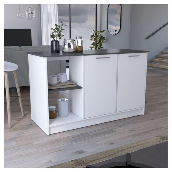Kitchen Island with Storage, White/Onyx - Large Kitchen Cart with Double Door Cabinet & Shelves, 59" Wide Rolling Island for Kitchens, Home Chef
