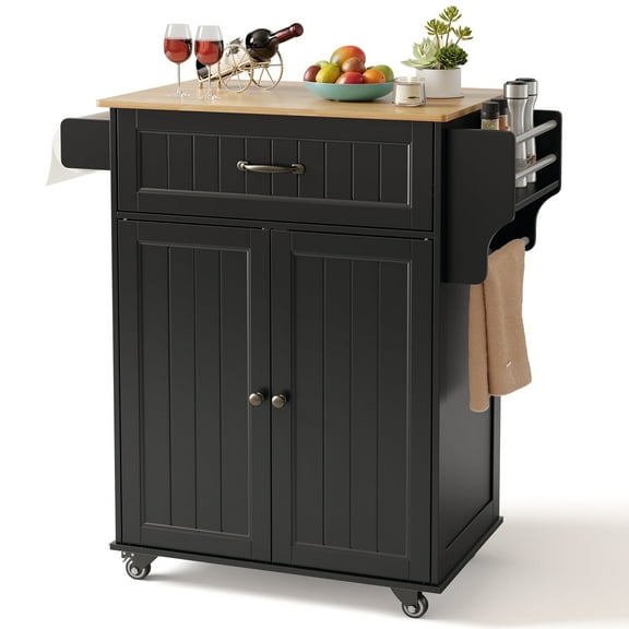 Kitchen Island with Storage on Wheels, Microwave cart with Spice Rack, Towel Rack & Drawer, Black