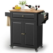 Kitchen Island with Storage on Wheels, Microwave cart with Spice Rack, Towel Rack & Drawer, Black
