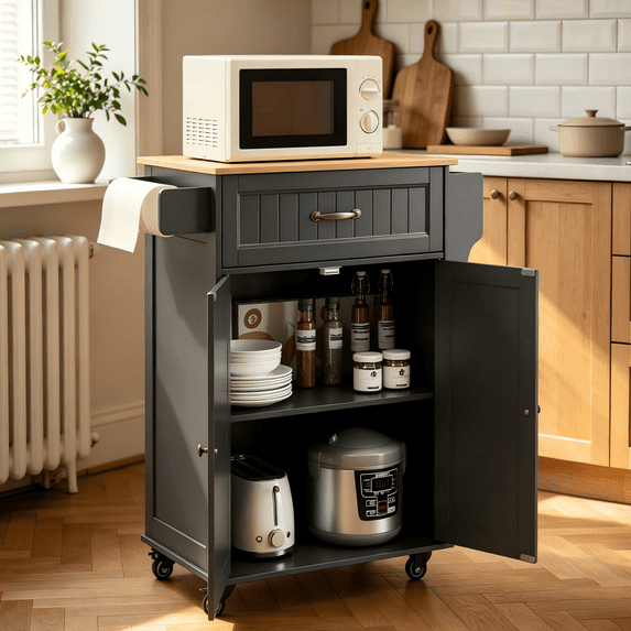 Lofka Kitchen Island Cart with Storage on Wheels, Microwave Stand with Spice Rack & Towel Rack, Black Rolling Kitchen Cart with Drawer, Adjustable Shelf for Small Kitchen, Dining Room