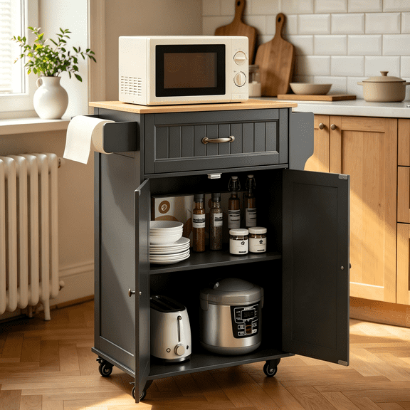Lofka Kitchen Island Cart with Storage on Wheels, Microwave Stand with Spice Rack & Towel Rack, Black Rolling Kitchen Cart with Drawer, Adjustable Shelf for Small Kitchen, Dining Room