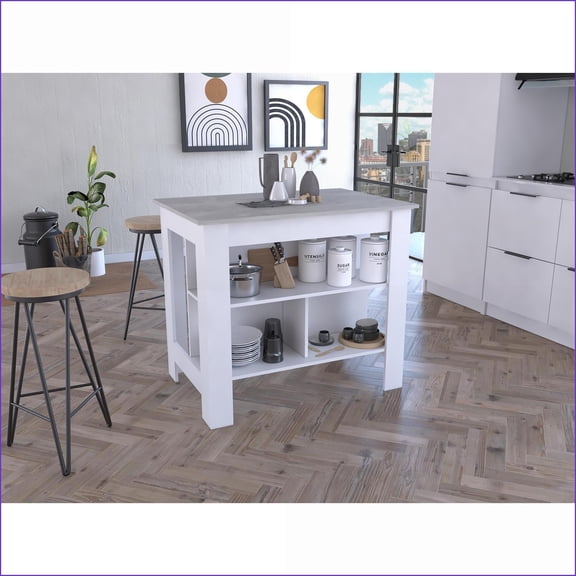 Kitchen Island with Three Shelves, Four Legs - Ivory / Ibiza Marble | Rectangular | Particle Board