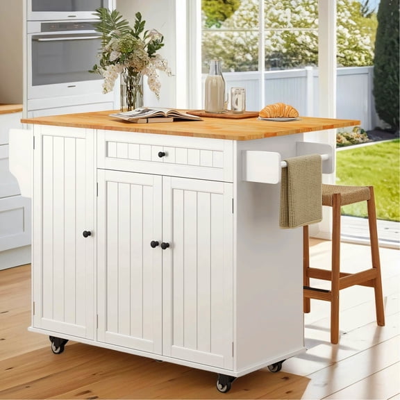 Kitchen Island with Wheels, 41.7" Rolling Kitchen Cabinet with Foldable Drop Leaf , Drawers & Shelving Door, Bar Cart for Dining Room, White