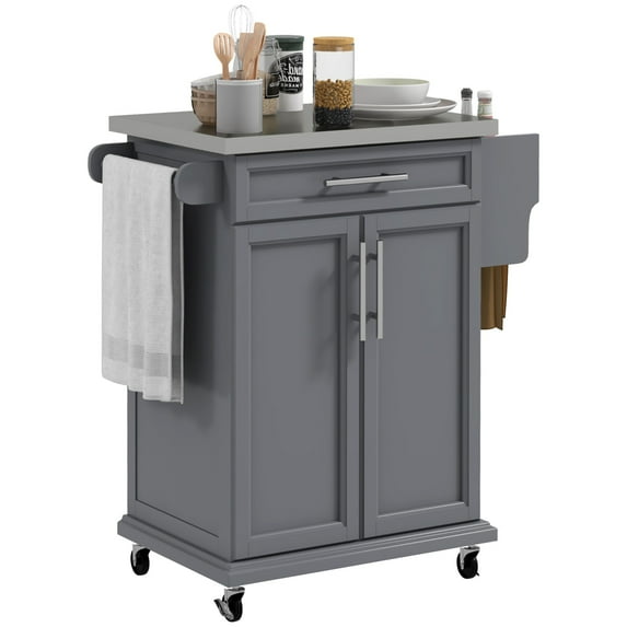 Kitchen Island with Wheels, Rolling Kitchen Cart with Stainless Steel Countertop, Drawer, Towel Rack and Spice Rack, Storage Trolley, Grey