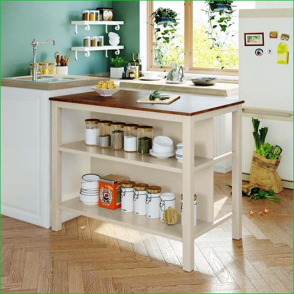 Kitchen Islands 45" Solid Rubber Wood Rustic Butcher Block with 2 Shelves, Cream + Walnut Brown | Walnut | Solid Wood