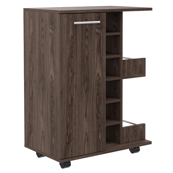 Kitchen Islands Bar Cart, Two External Shelves, Four Casters, Six Built-in Wine Rack, Single Door Cabinet -Dark Walnut,Wooden Kitchen Islands