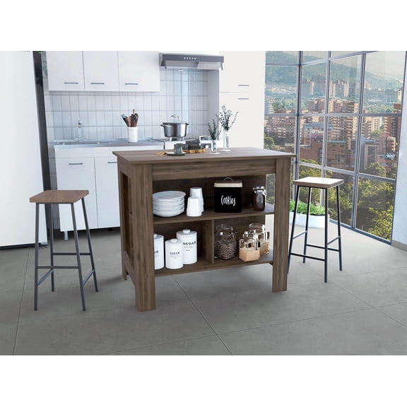 Kitchen Islands DEPOT E-SHOP Delos Kitchen Island, Four Legs, Three Shelves, Dark Brown,Kitchen Carts