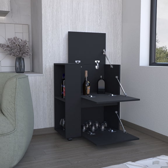 Kitchen Islands DEPOT E-SHOP Tully Bar Cart Two Pull-Down Door Cabinets and Two Open Shelves,Black,Kitchen Carts