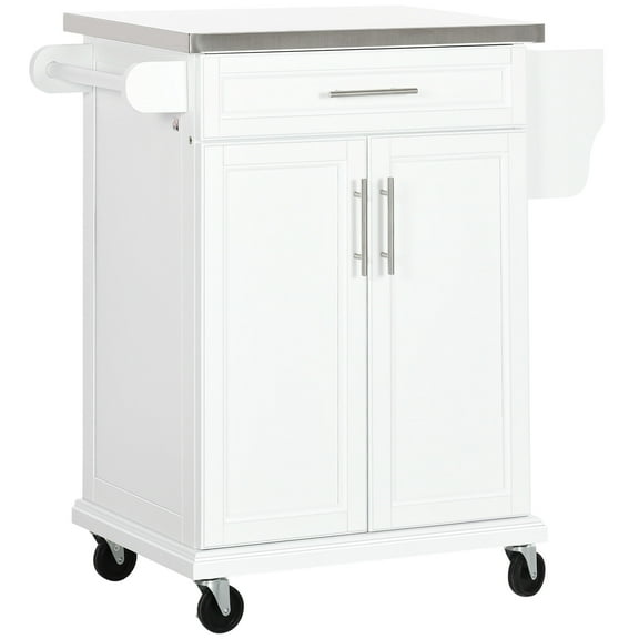 Kitchen Islands HOMCOM Kitchen Island on Wheels, Rolling Kitchen Cart with Stainless Steel Countertop, Drawer, Towel Rack and Spice Rack, Utility Storage Trolley, White,Kitchen Carts