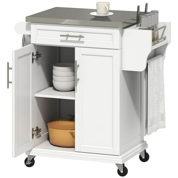 Kitchen Islands HOMCOM Kitchen Island on Wheels, Rolling Kitchen Cart with Stainless Steel Countertop, Drawer, Towel Rack and Spice Rack, Utility Storage Trolley, White,Wooden Kitchen Islands