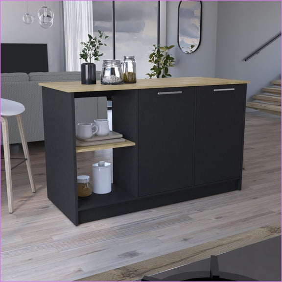Kitchen Islands Juniper 25"D x 59"W with Double Door Cabinet & Open Shelves | Modern | Rectangular