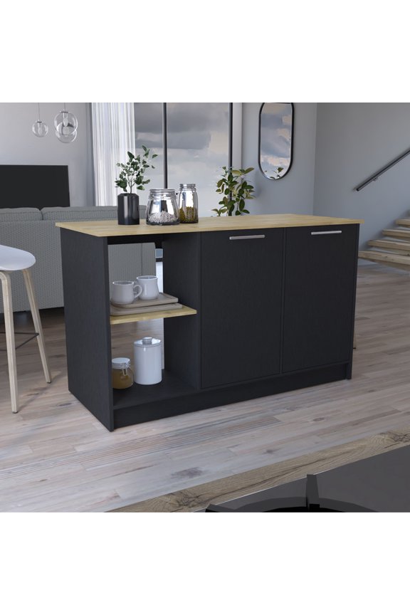 Kitchen Islands Juniper Kitchen Island with Large Top Surface, Double Door Cabinet, and Open Shelves Black / Macadamia,Kitchen Carts