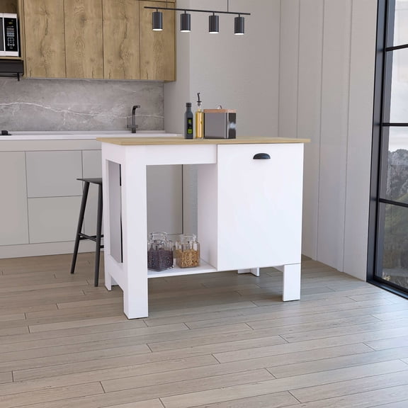 Kitchen Islands Kitchen Island 35" H, One Storage Cabinet with Door, Two Internal Shelves, One Open storage Shelf, White/Macadamia,Kitchen Carts
