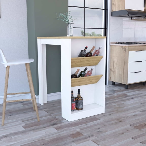 Kitchen Islands Kitchen Island 41" H, 2 Bottle Organizer and Shelf, White / Macadamia,Kitchen Carts