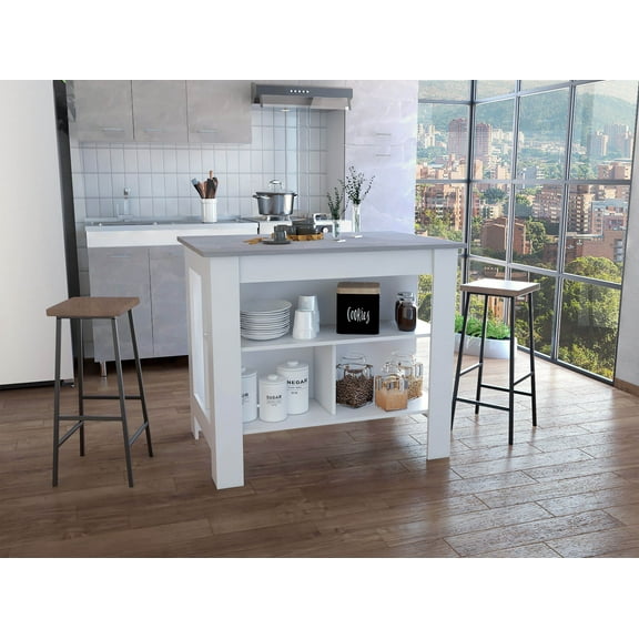 Kitchen Islands Kitchen Island, kitchen table 35" H, Four Legs, Three Open Storage Shelves, White / Ibiza Marble,Kitchen Carts