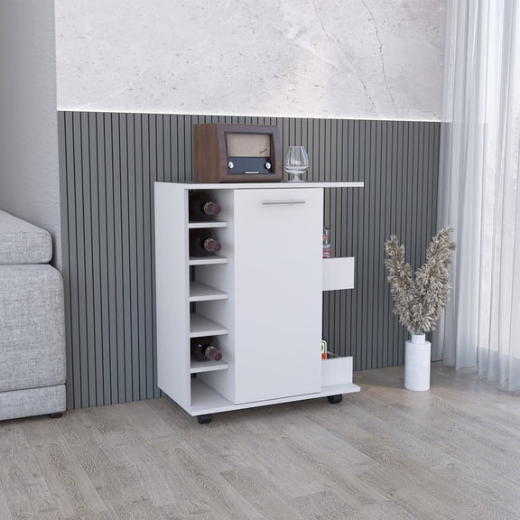 Kitchen Islands Lothian Bar Cart with Casters, 2-Side Storage Shelves and 6-Wine Bottle Rack,Kitchen Carts