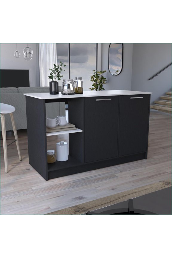 Kitchen Islands | Modern Juniper with 59"W x 25"D Top, Double Door Cabinet & Open Shelves | Stationary | Rectangular